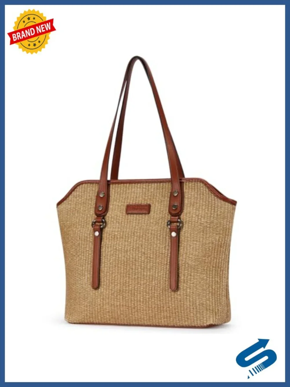 Large Capacity Straw & Vegan Leather Tote Bag for Women Travel Work Beach